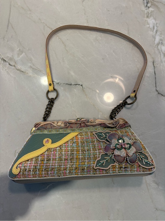Mary Frances Handbags - Mary Frances Multicolor Tweed Floral Appliqué Clutch with Yellow Trim